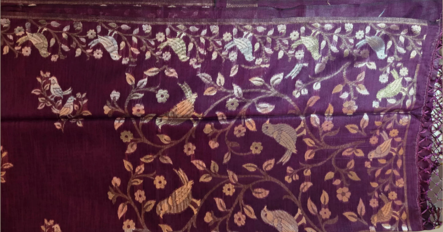 Handloom Khadi Cotton Silk Jamdani Saree – Lightweight & Elegant Traditional Weave Embroidery-wine