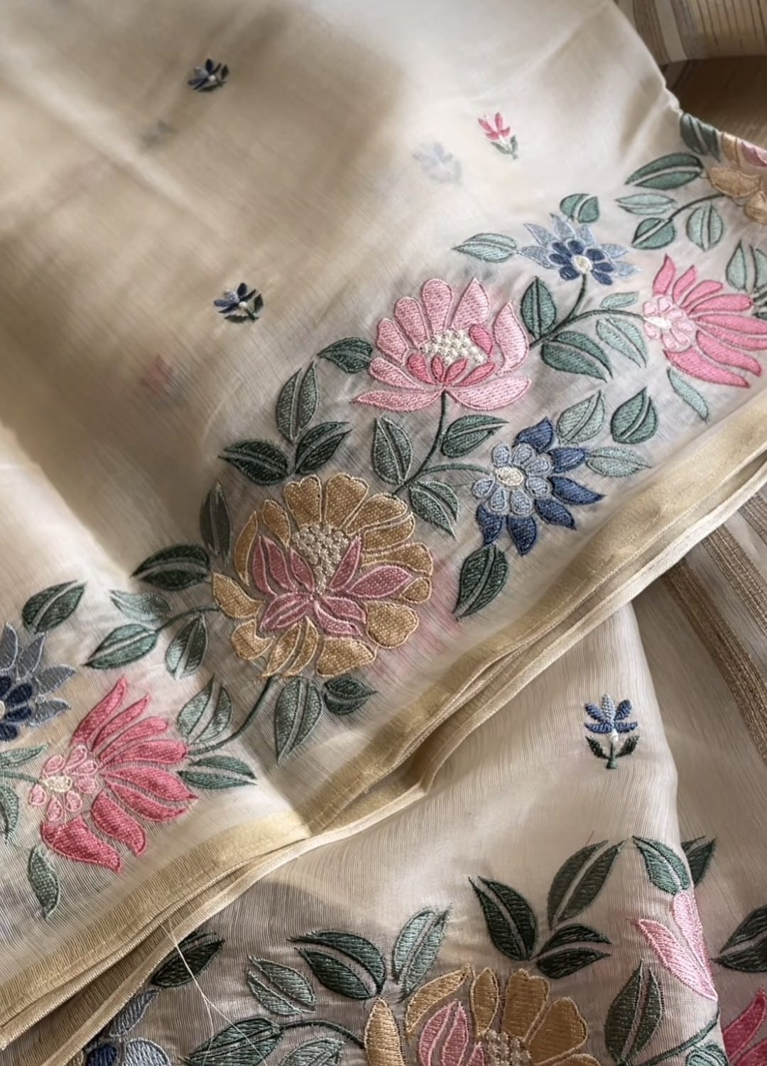 Ivory Chappa Silk Saree with Multicolor Floral Embroidery – Lightweight Festive Wear| Onam Saree USA