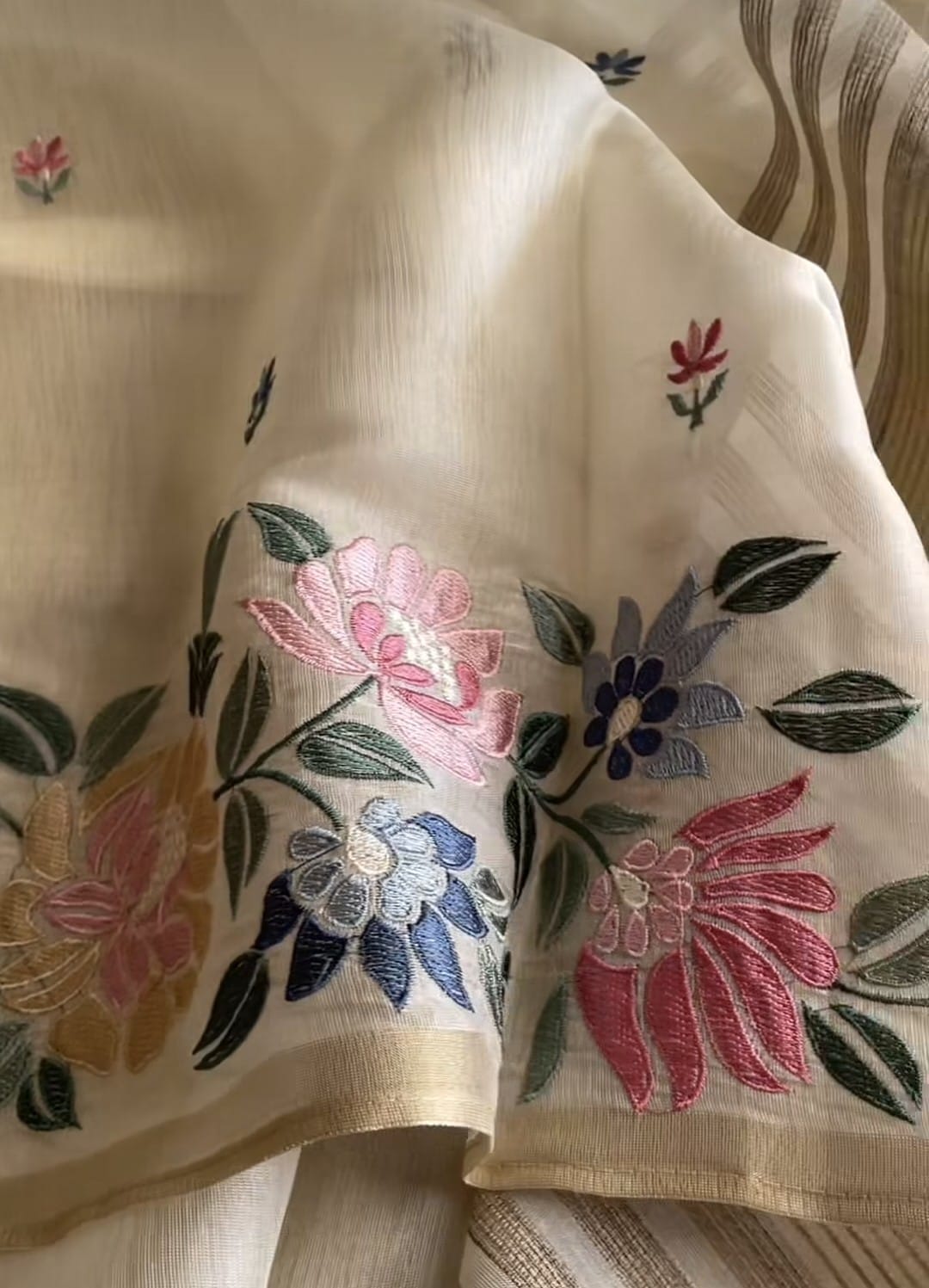 Ivory Chappa Silk Saree with Multicolor Floral Embroidery – Lightweight Festive Wear| Onam Saree USA