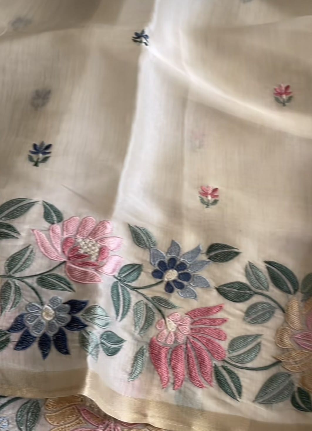 Ivory Chappa Silk Saree with Multicolor Floral Embroidery – Lightweight Festive Wear| Onam Saree USA