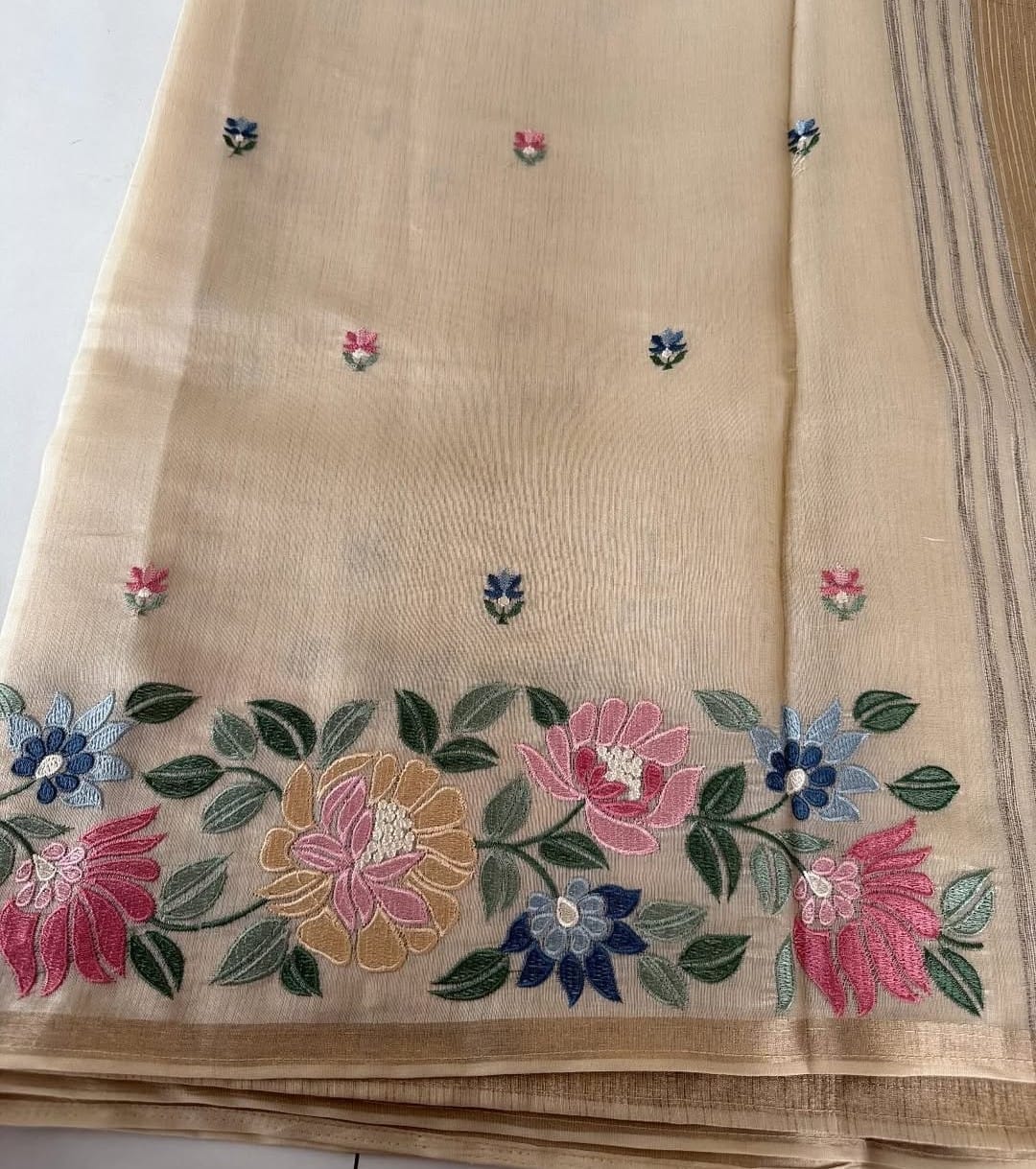 Ivory Chappa Silk Saree with Multicolor Floral Embroidery – Lightweight Festive Wear| Onam Saree USA