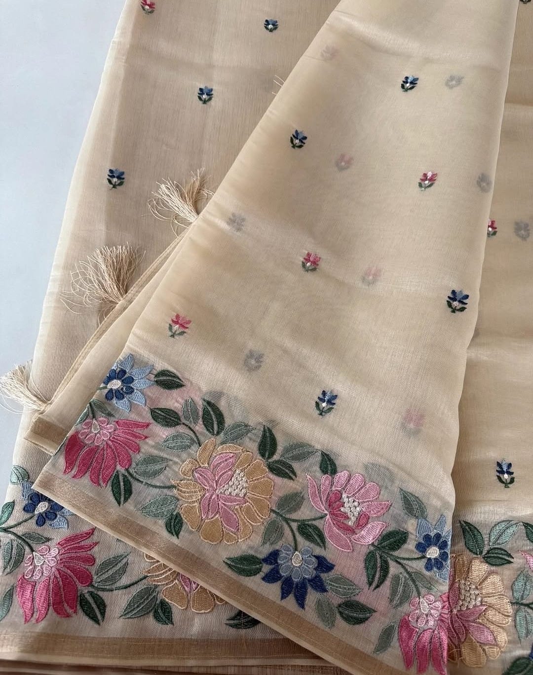 Ivory Chappa Silk Saree with Multicolor Floral Embroidery – Lightweight Festive Wear| Onam Saree USA