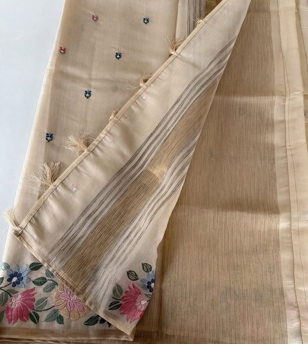 Ivory Chappa Silk Saree with Multicolor Floral Embroidery – Lightweight Festive Wear| Onam Saree USA
