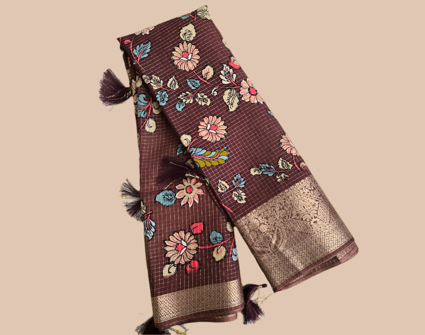 Semi Tussar Silk Saree with Zari Checked Pattern, Kalamkari Prints & Woven Zari Border – Brown