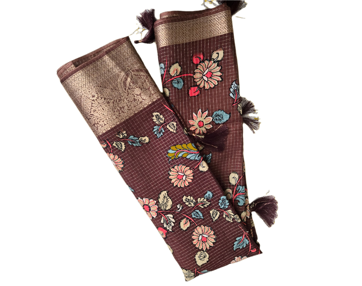 Semi Tussar Silk Saree with Zari Checked Pattern, Kalamkari Prints & Woven Zari Border – Brown