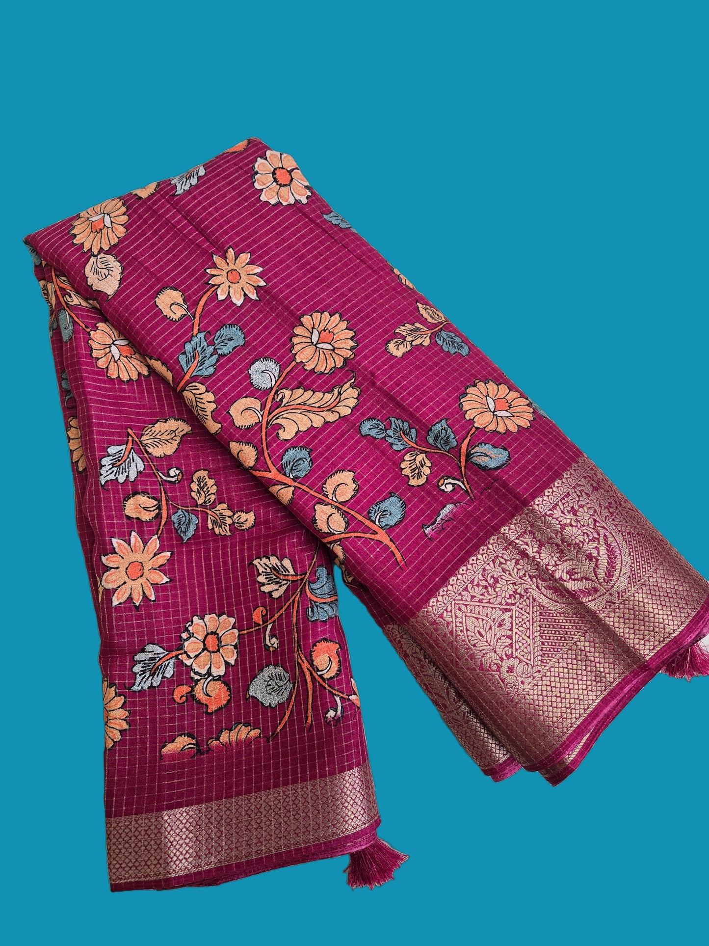 Semi Tussar Silk Saree with Zari Checked Pattern, Kalamkari Prints & Woven Zari Border –dark magenta