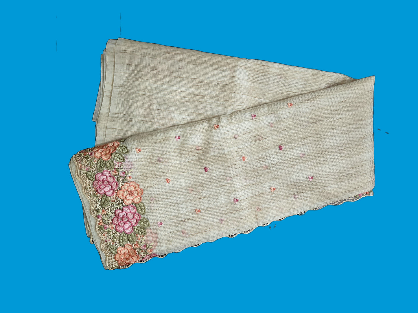 Kota Silk Saree with Embroidery and Cutwork Borders – Lightweight & Breathable