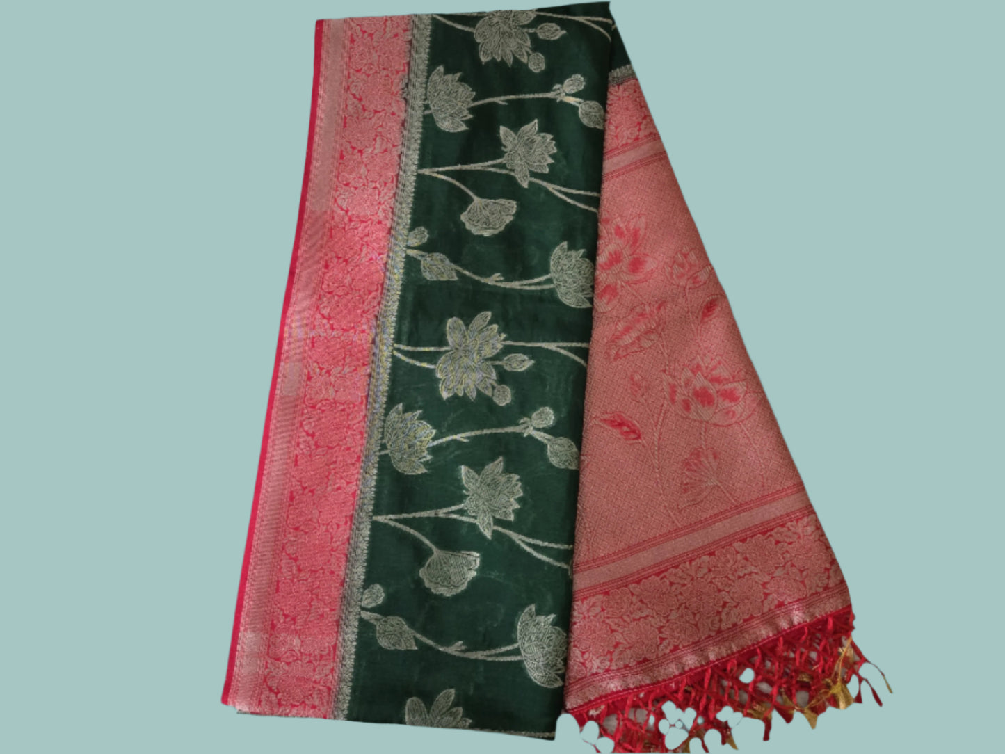 Soft Silk Sarees USA| Elegant Resham Semi Silk Saree with Running Blouse – Lightweight & Graceful Drape Bottle Green