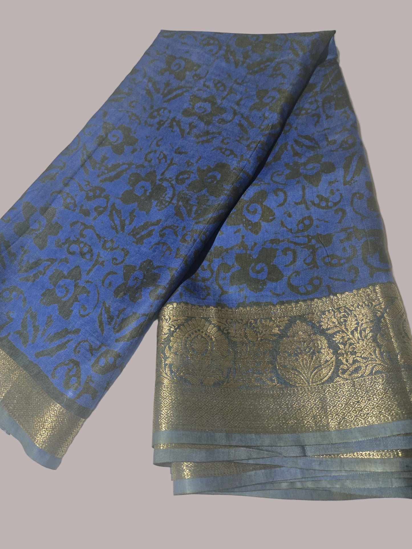 Greyish Green and Blue Semi Kanjivaram Silk Saree with Allover Batik Prints & Kanjivaram Style Border | Elegant Soft Silk Saree for Special Occasions