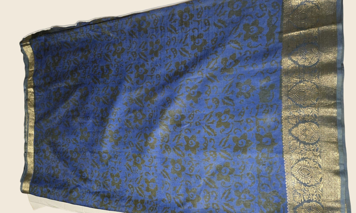 Greyish Green and Blue Semi Kanjivaram Silk Saree with Allover Batik Prints & Kanjivaram Style Border | Elegant Soft Silk Saree for Special Occasions