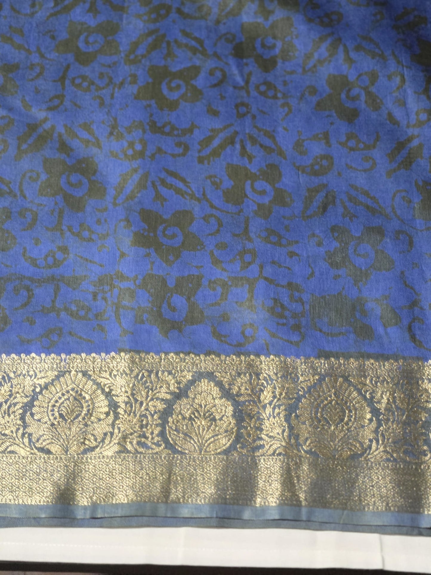 Greyish Green and Blue Semi Kanjivaram Silk Saree with Allover Batik Prints & Kanjivaram Style Border | Elegant Soft Silk Saree for Special Occasions