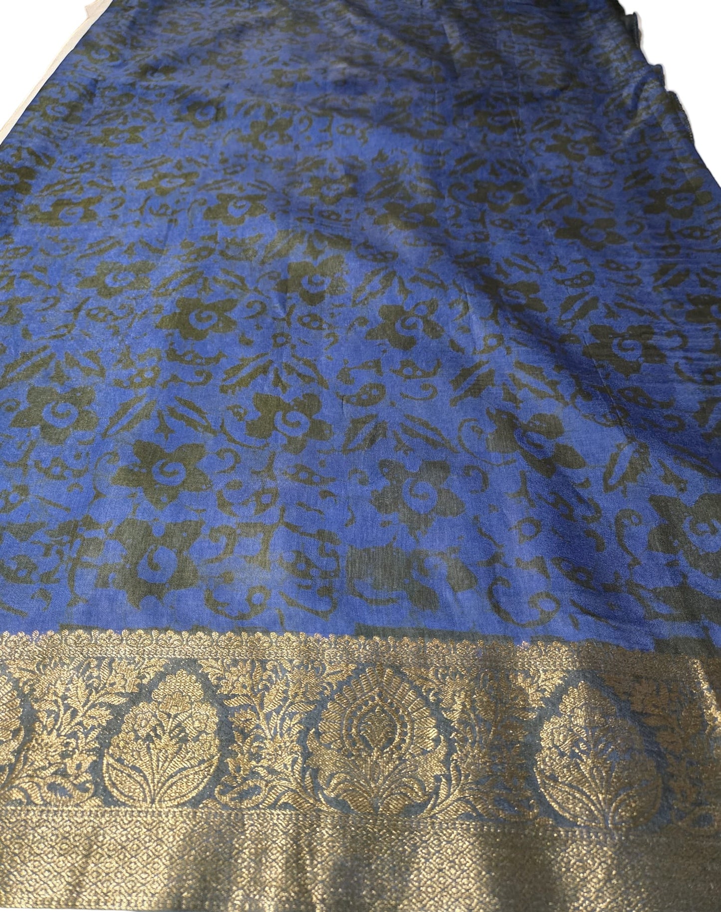 Greyish Green and Blue Semi Kanjivaram Silk Saree with Allover Batik Prints & Kanjivaram Style Border | Elegant Soft Silk Saree for Special Occasions