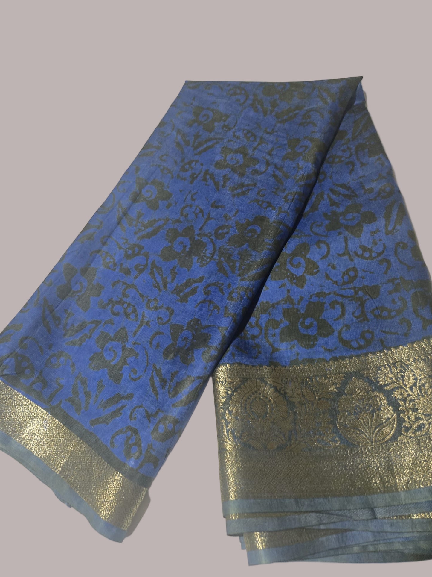 Greyish Green and Blue Semi Kanjivaram Silk Saree with Allover Batik Prints & Kanjivaram Style Border | Elegant Soft Silk Saree for Special Occasions