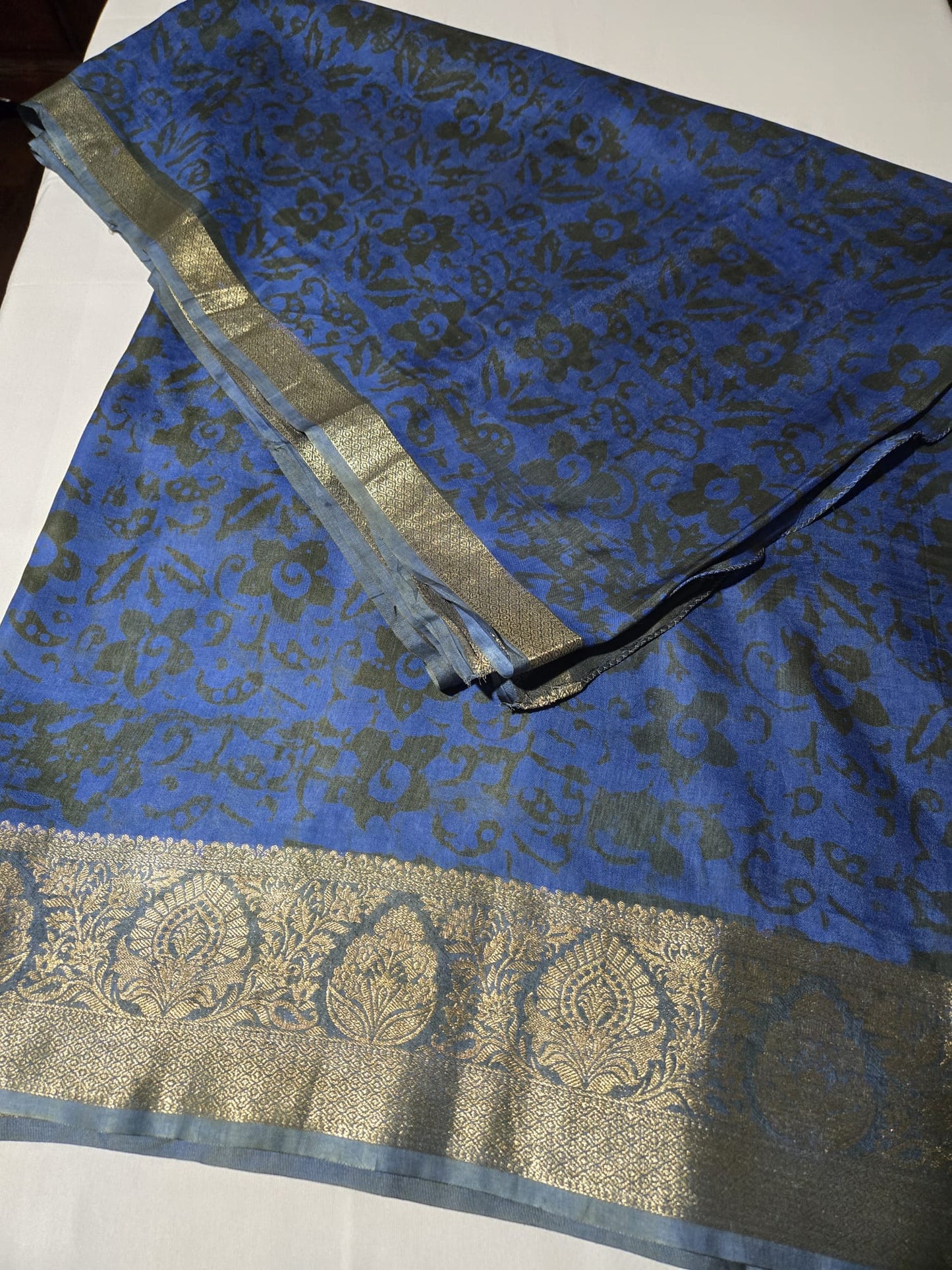 Greyish Green and Blue Semi Kanjivaram Silk Saree with Allover Batik Prints & Kanjivaram Style Border | Elegant Soft Silk Saree for Special Occasions