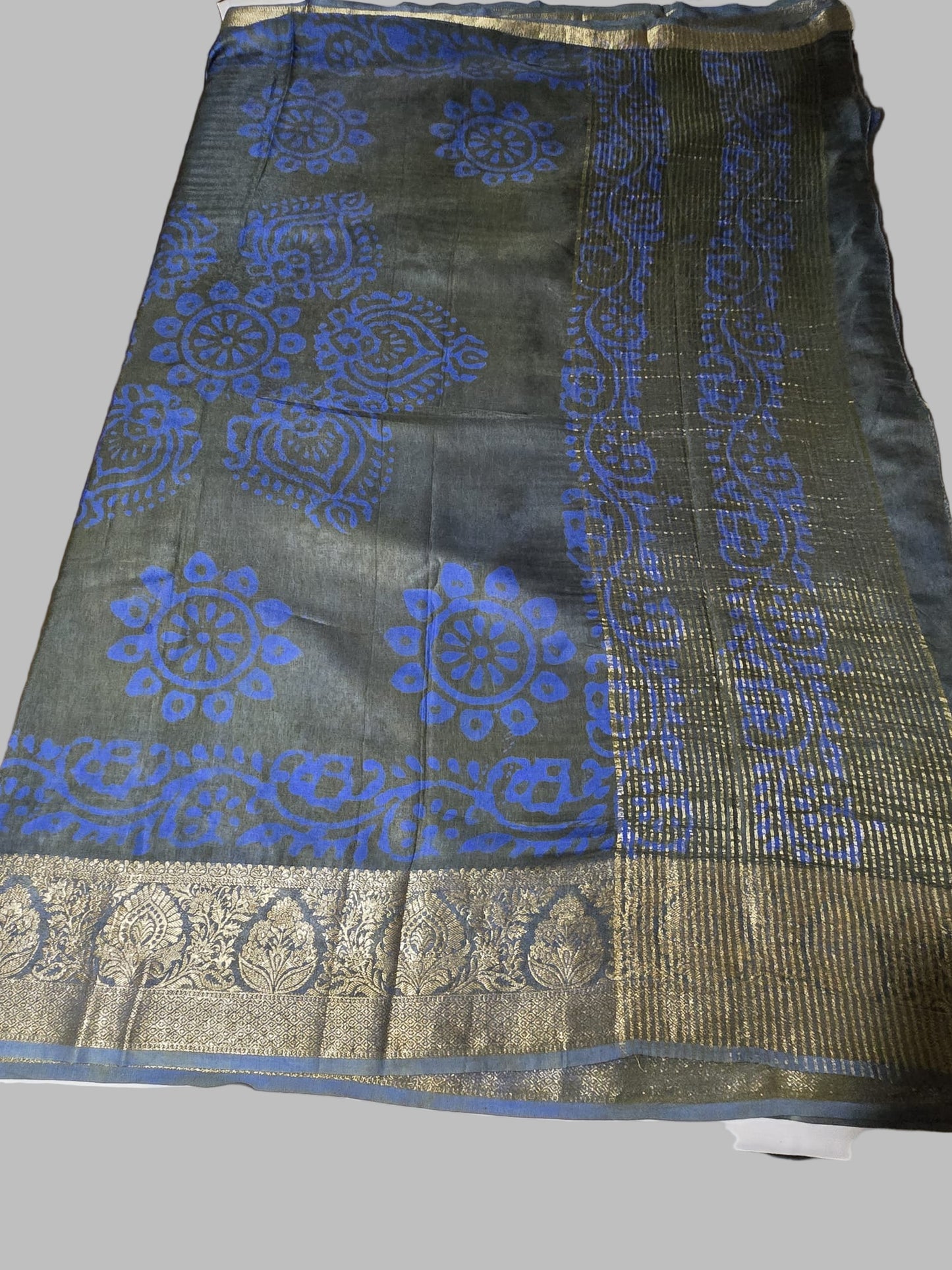 Greyish Green and Blue Semi Kanjivaram Silk Saree with Allover Batik Prints & Kanjivaram Style Border | Elegant Soft Silk Saree for Special Occasions
