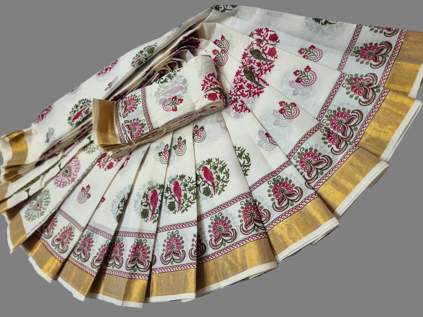 Printed Kerala Saree Pure Cotton Sarees Buy from USA – Buy Onam Saree Online | Bird Print Onam Sareee