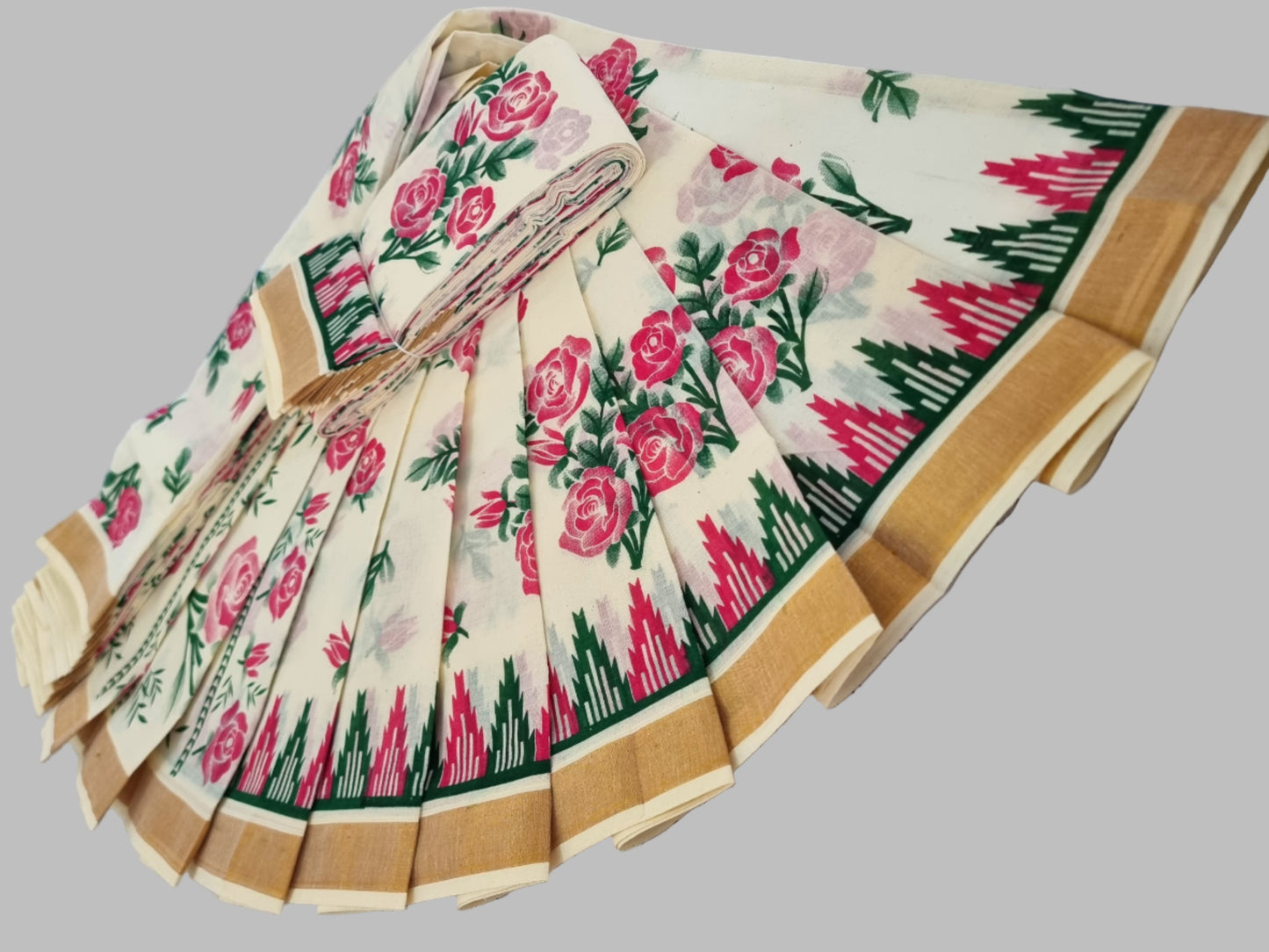 Traditional Indian Saree USA | Pure Cotton Sarees Buy from USA – Buy Onam Saree Online | Rose Print Saree