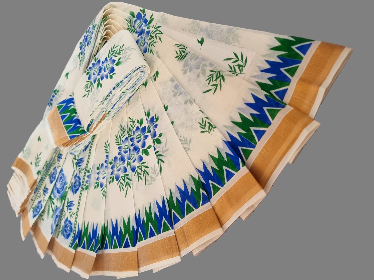 Cream Kerala Saree | Pure Cotton Sarees Buy from USA – Buy Onam Saree Online | Blue Leaf Print Saree