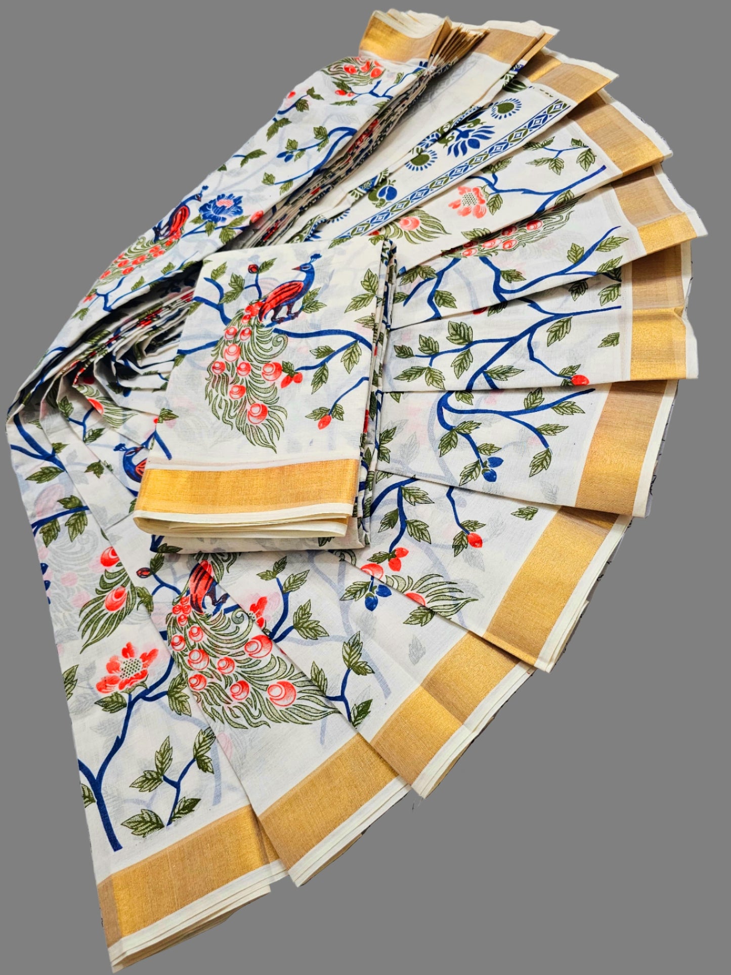 Printed Kerala Saree Pure Cotton Sarees Buy from USA – Sarees for Onam Kavini Saree - Peacock Printed Saree