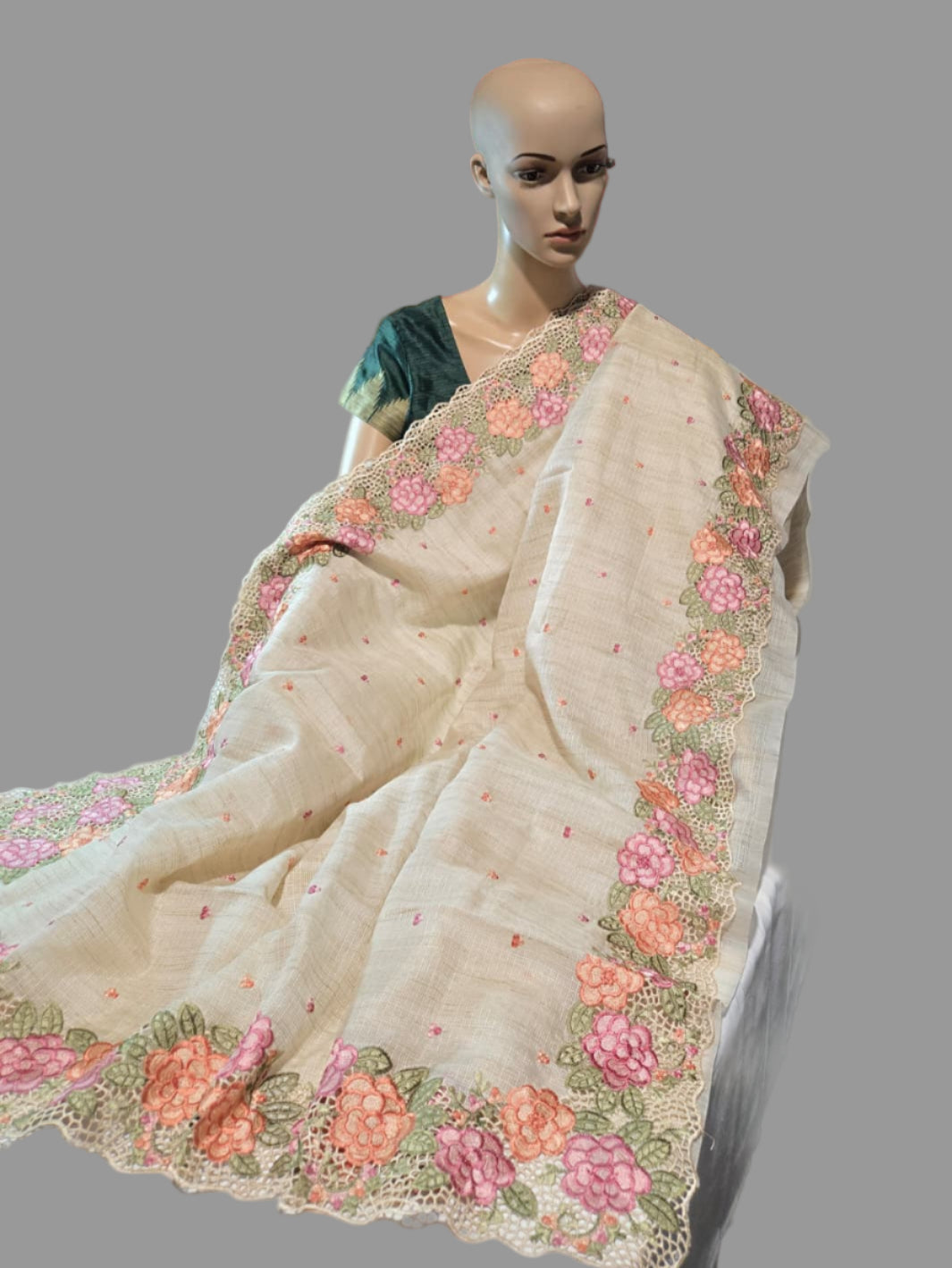 Kota Silk Saree with Embroidery and Cutwork Borders – Lightweight & Breathable