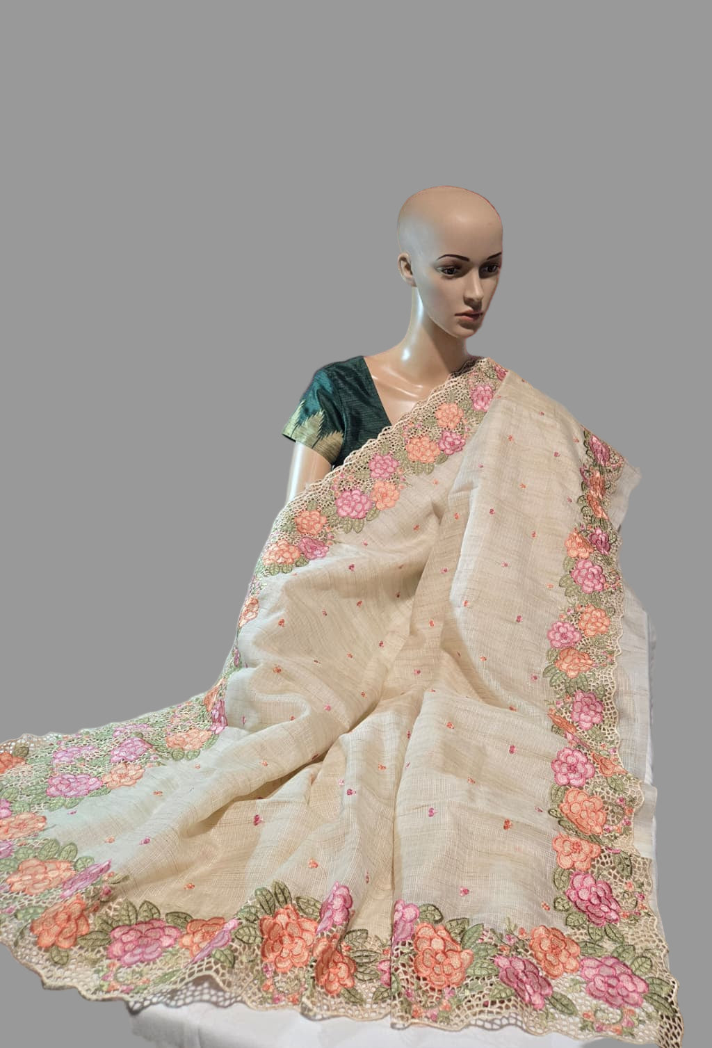 Kota Silk Saree with Embroidery and Cutwork Borders – Lightweight & Breathable