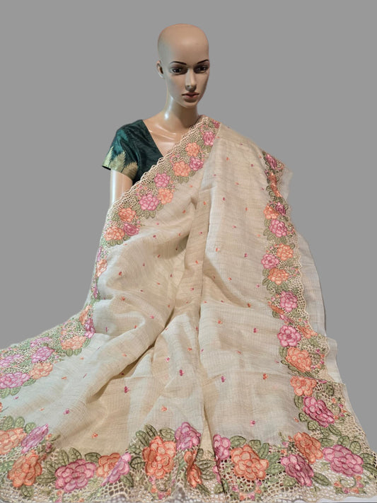 Kota Silk Saree with Embroidery and Cutwork Borders – Lightweight & Breathable