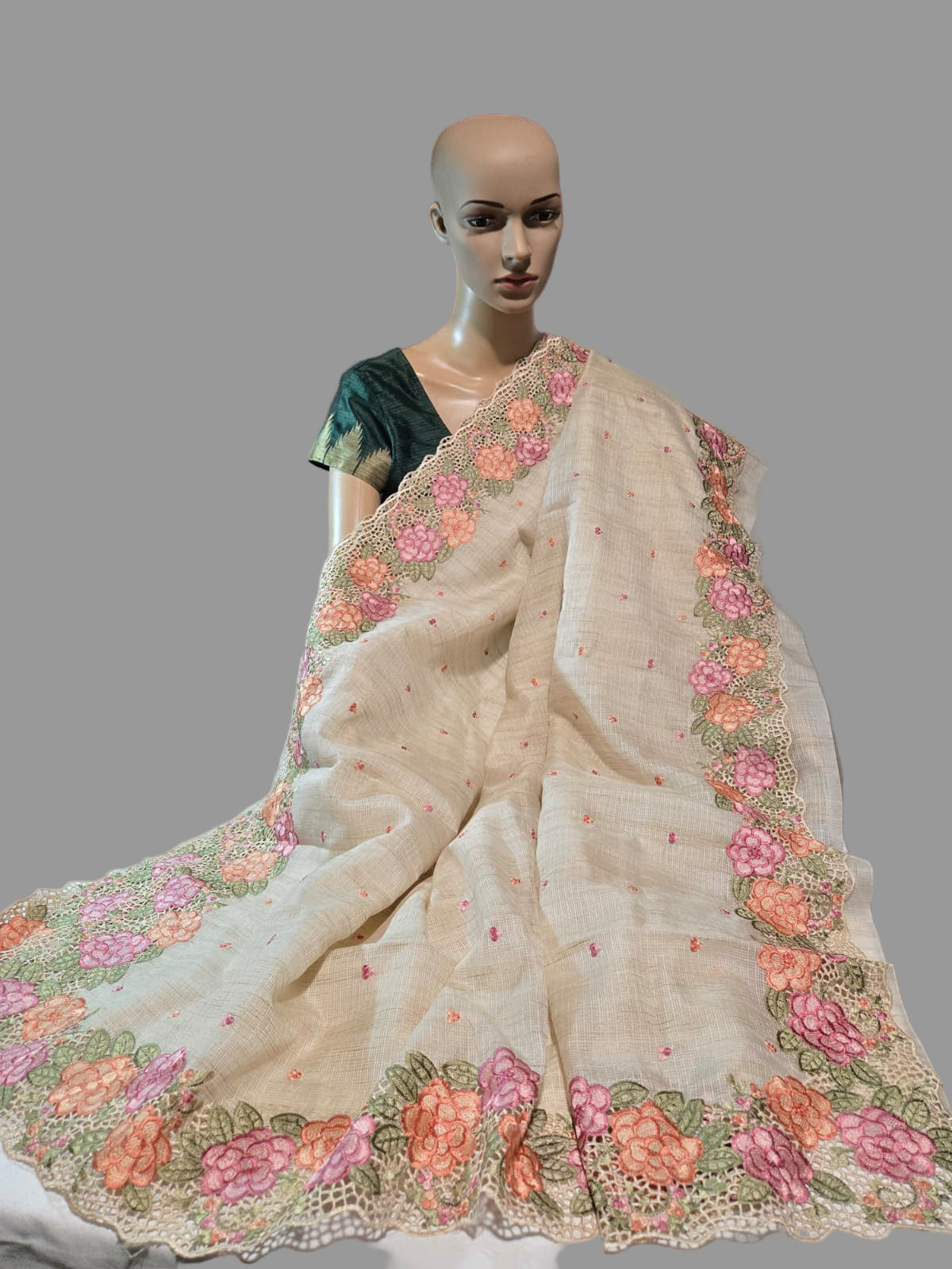 Kota Silk Saree with Embroidery and Cutwork Borders – Lightweight & Breathable