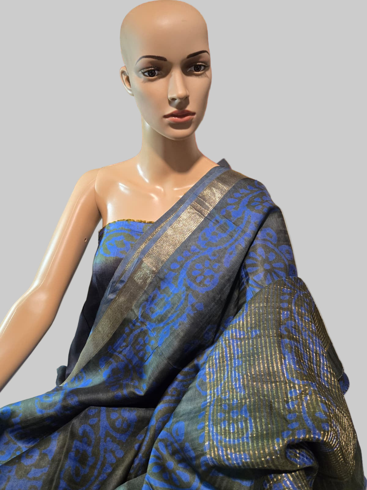 Greyish Green and Blue Semi Kanjivaram Silk Saree with Allover Batik Prints & Kanjivaram Style Border | Elegant Soft Silk Saree for Special Occasions