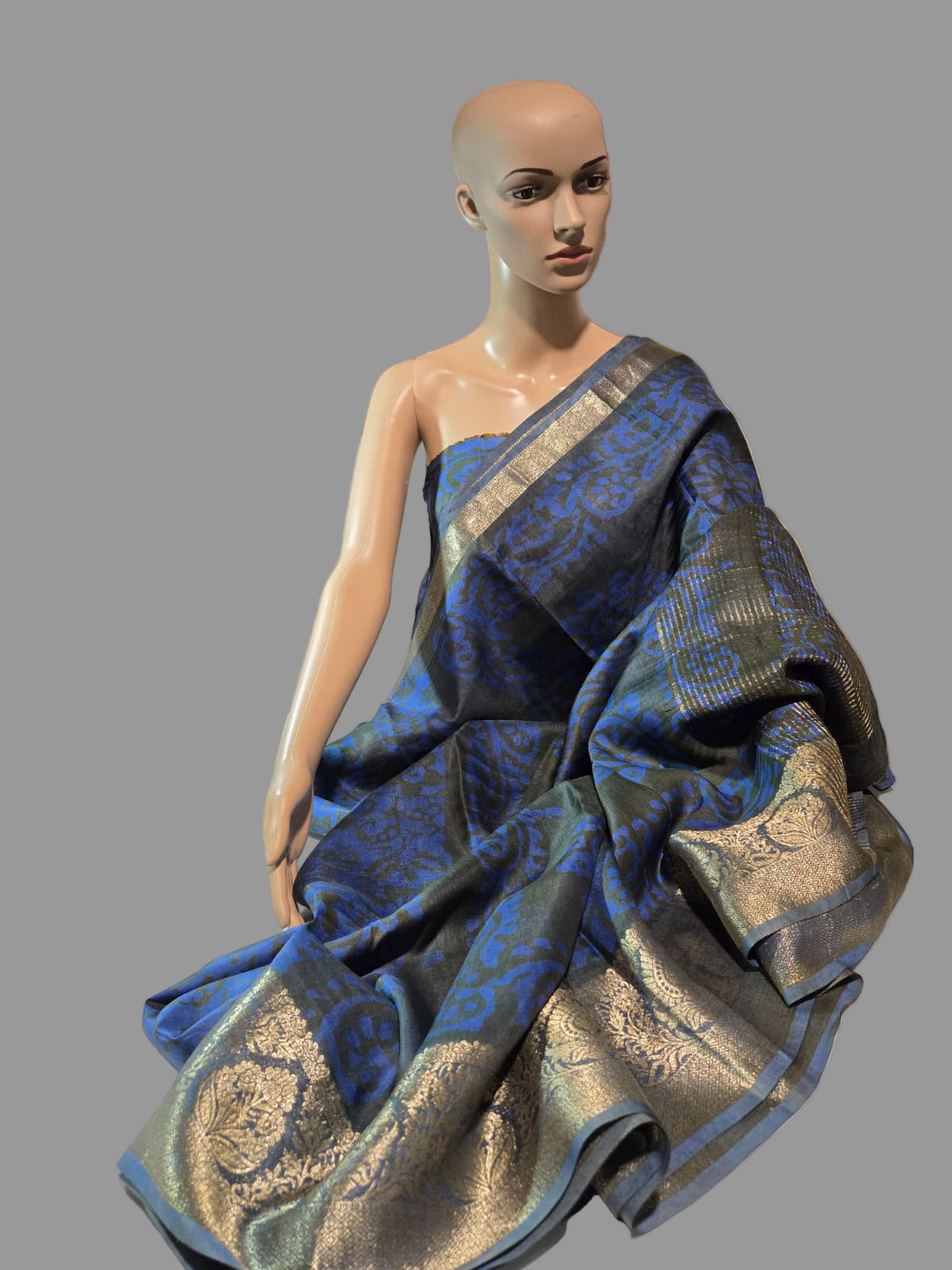 Greyish Green and Blue Semi Kanjivaram Silk Saree with Allover Batik Prints & Kanjivaram Style Border | Elegant Soft Silk Saree for Special Occasions