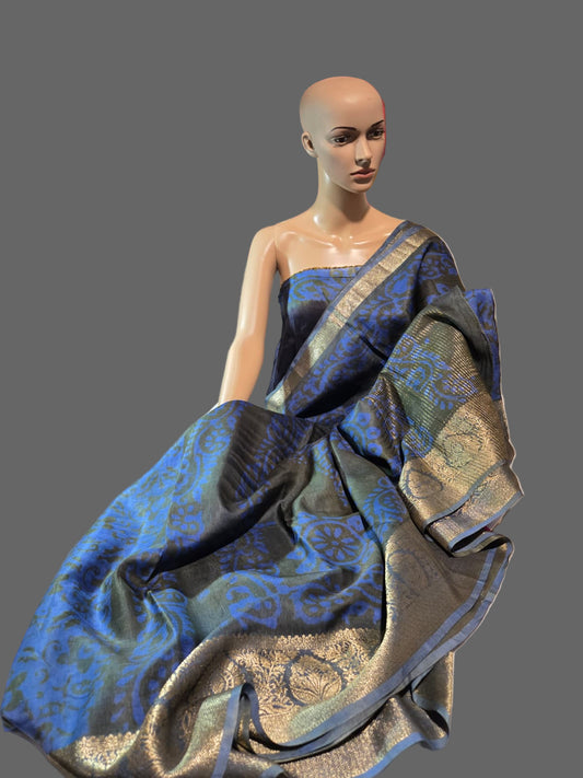 Greyish Green and Blue Semi Kanjivaram Silk Saree with Allover Batik Prints & Kanjivaram Style Border | Elegant Soft Silk Saree for Special Occasions