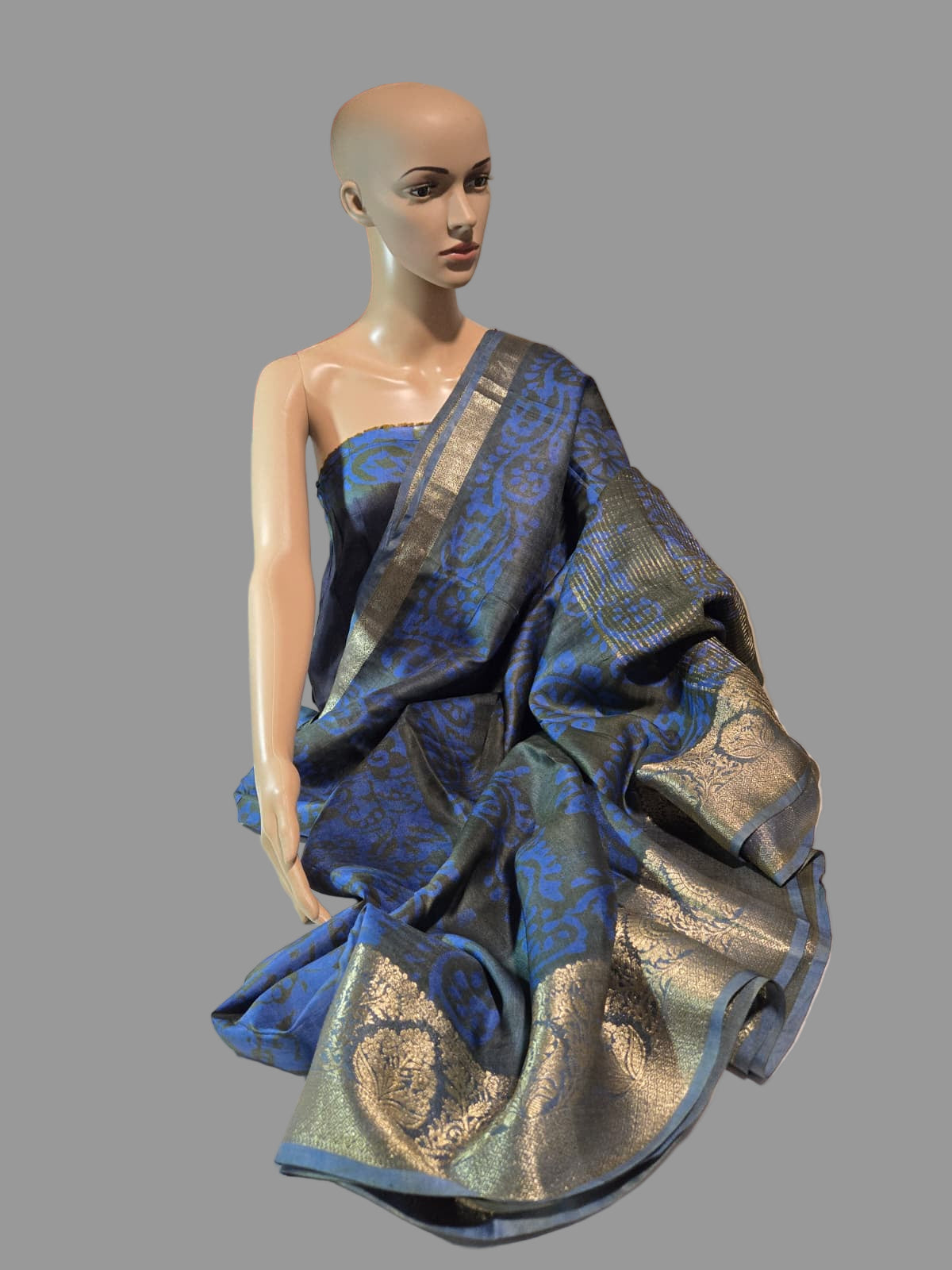 Greyish Green and Blue Semi Kanjivaram Silk Saree with Allover Batik Prints & Kanjivaram Style Border | Elegant Soft Silk Saree for Special Occasions