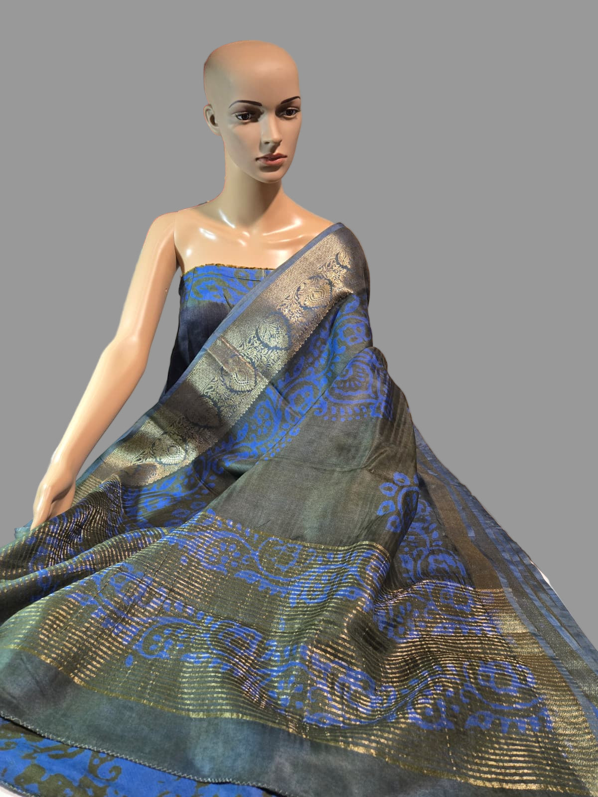 Greyish Green and Blue Semi Kanjivaram Silk Saree with Allover Batik Prints & Kanjivaram Style Border | Elegant Soft Silk Saree for Special Occasions