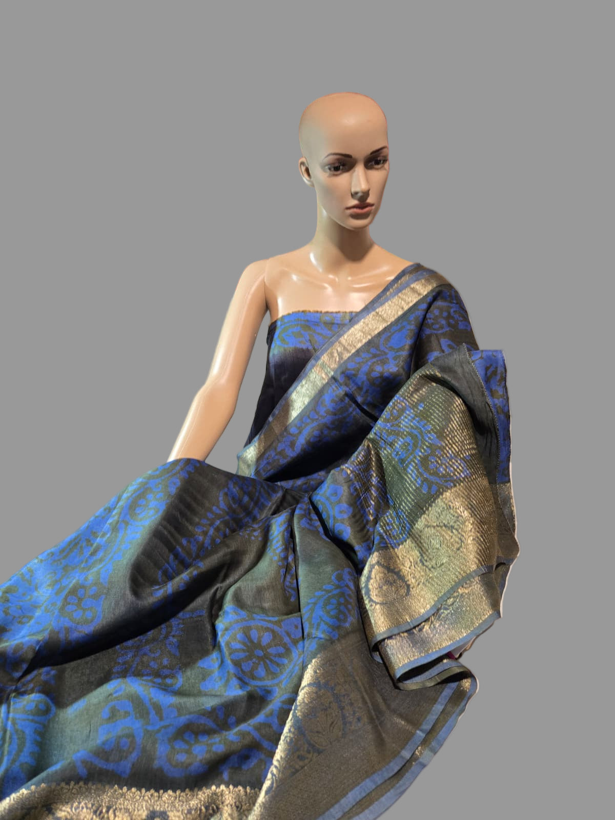 Greyish Green and Blue Semi Kanjivaram Silk Saree with Allover Batik Prints & Kanjivaram Style Border | Elegant Soft Silk Saree for Special Occasions