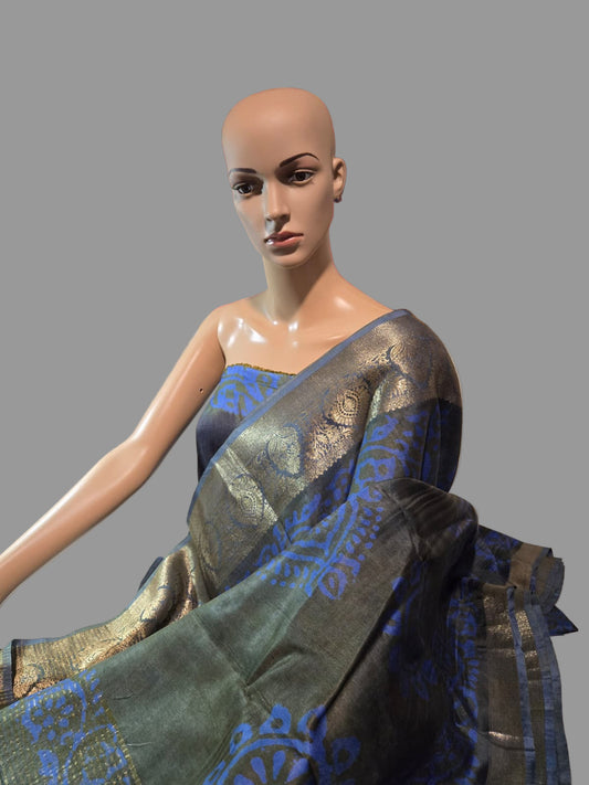 Greyish Green and Blue Semi Kanjivaram Silk Saree with Allover Batik Prints & Kanjivaram Style Border | Elegant Soft Silk Saree for Special Occasions