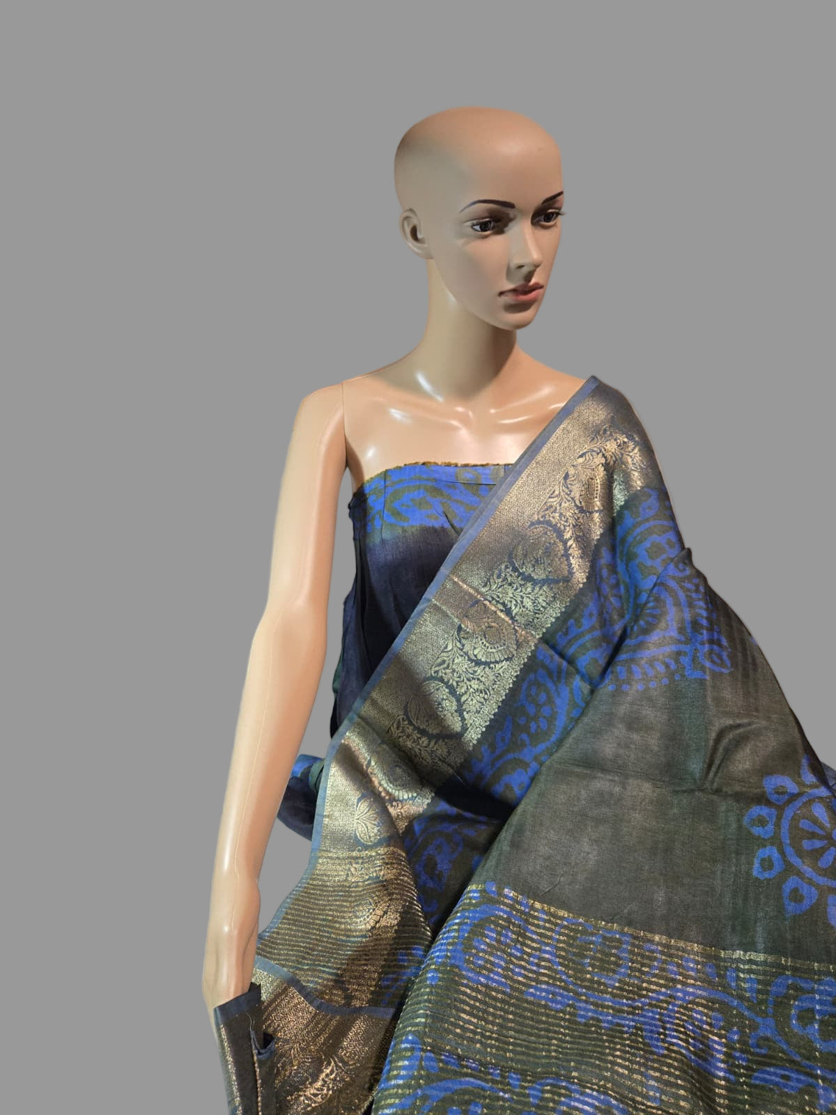 Greyish Green and Blue Semi Kanjivaram Silk Saree with Allover Batik Prints & Kanjivaram Style Border | Elegant Soft Silk Saree for Special Occasions