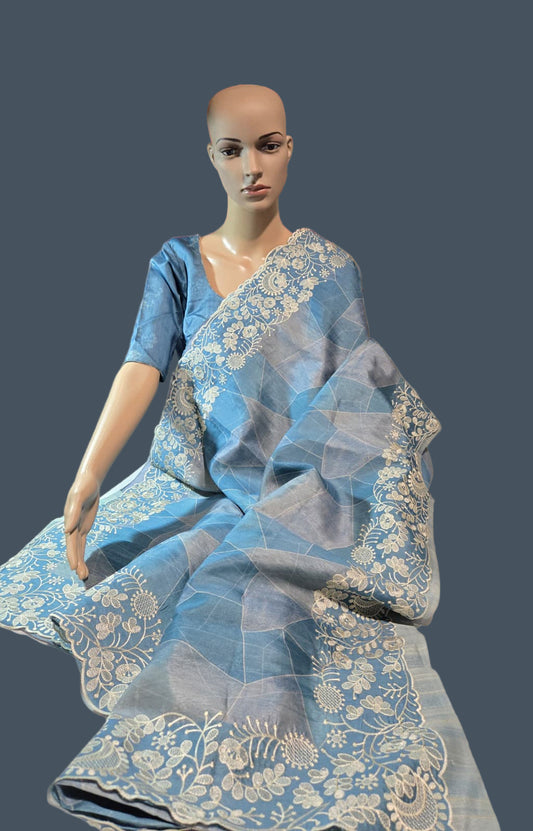 Soft Silk Semi Tussar fully stitched saree pastel blue with stitched blouse chikankari work border