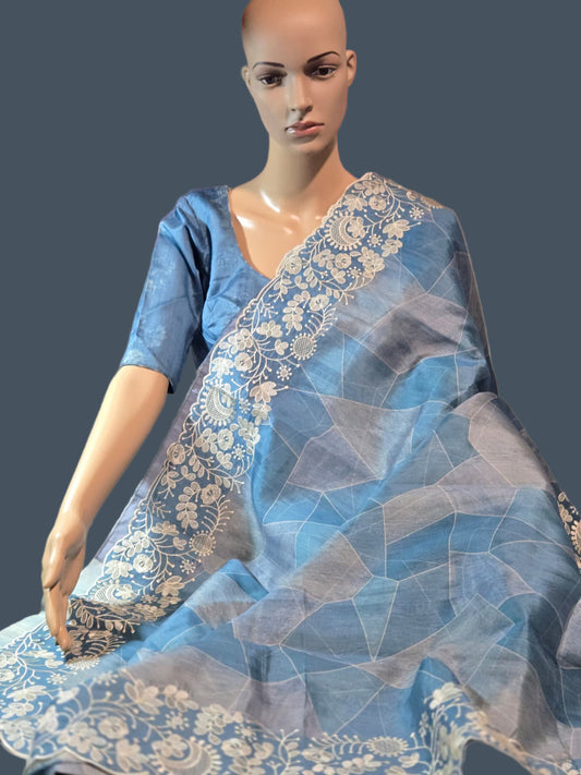 Soft Silk Semi Tussar fully stitched saree pastel blue with stitched blouse chikankari work border