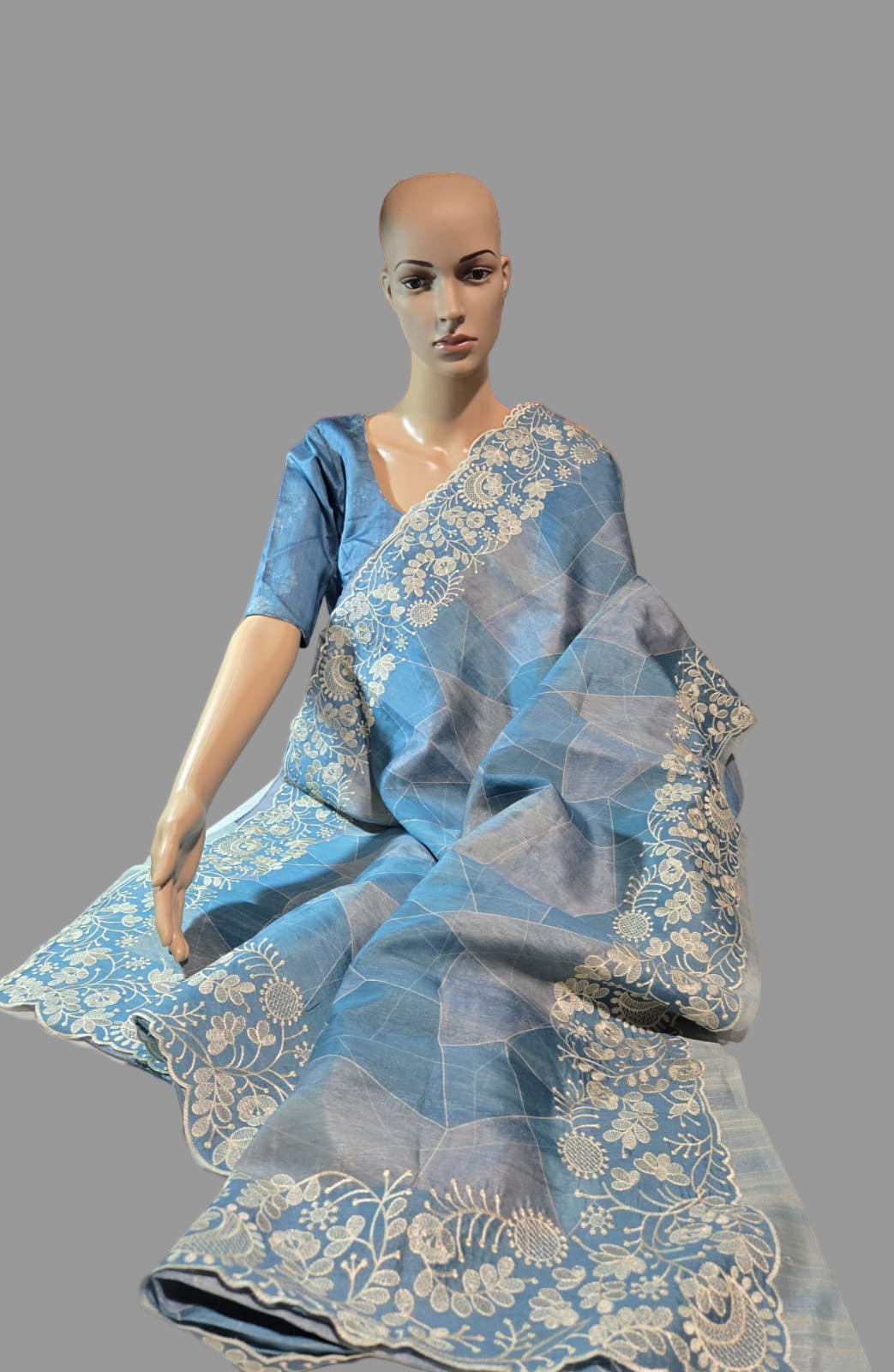 Soft Silk Semi Tussar fully stitched saree pastel blue with stitched blouse chikankari work border