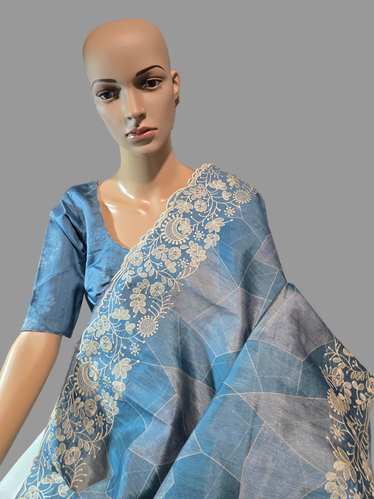 Soft Silk Semi Tussar fully stitched saree pastel blue with stitched blouse chikankari work border