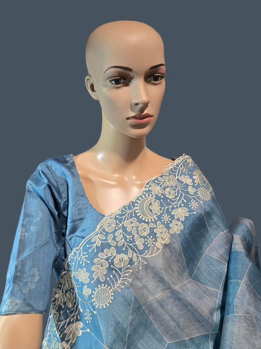 Soft Silk Semi Tussar fully stitched saree pastel blue with stitched blouse chikankari work border