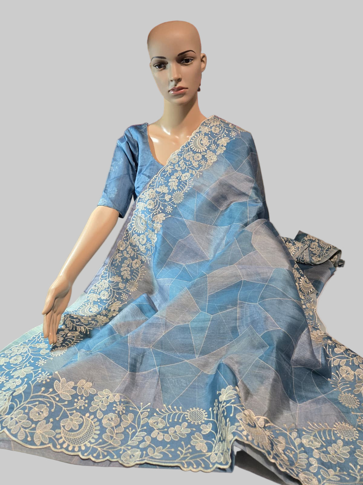 Soft Silk Semi Tussar fully stitched saree pastel blue with stitched blouse chikankari work border