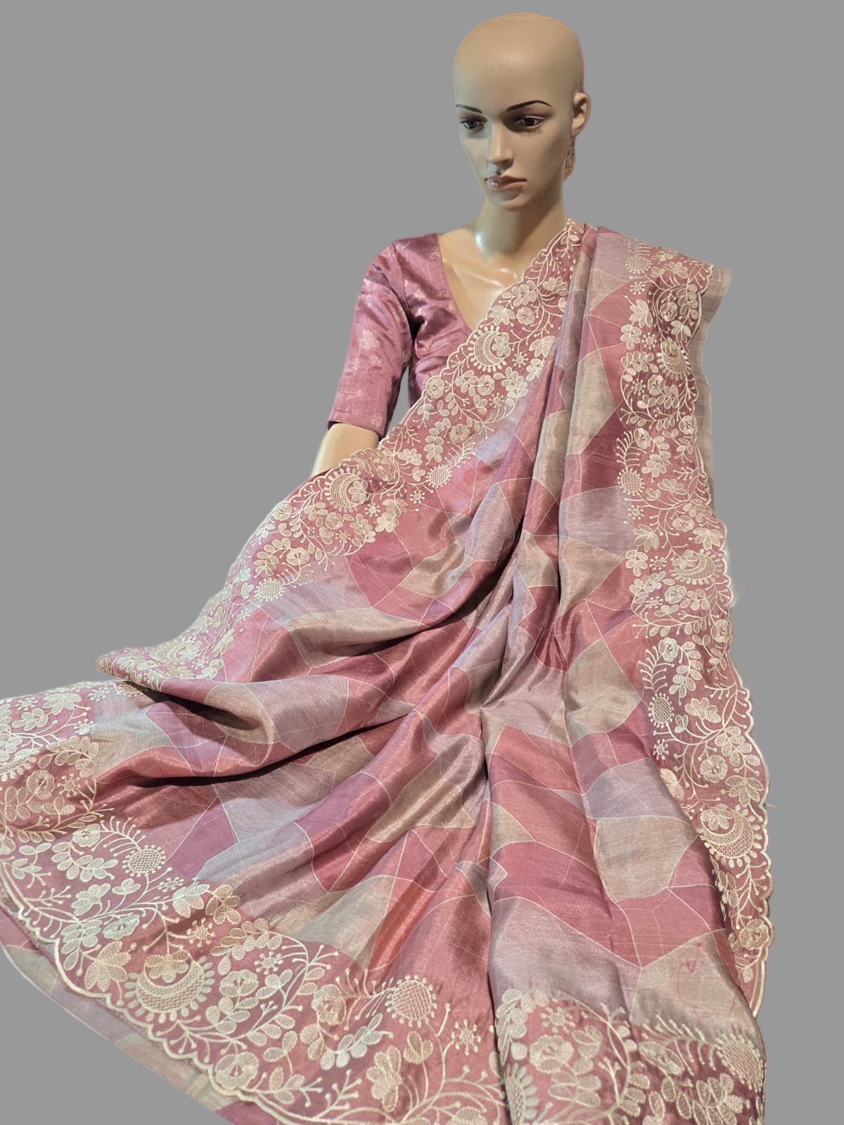 Pastel Peach Semi Tussar Silk Saree with Stitched Blouse Chikankari Embroidered Border – Elegant Ethnic Indian Saree