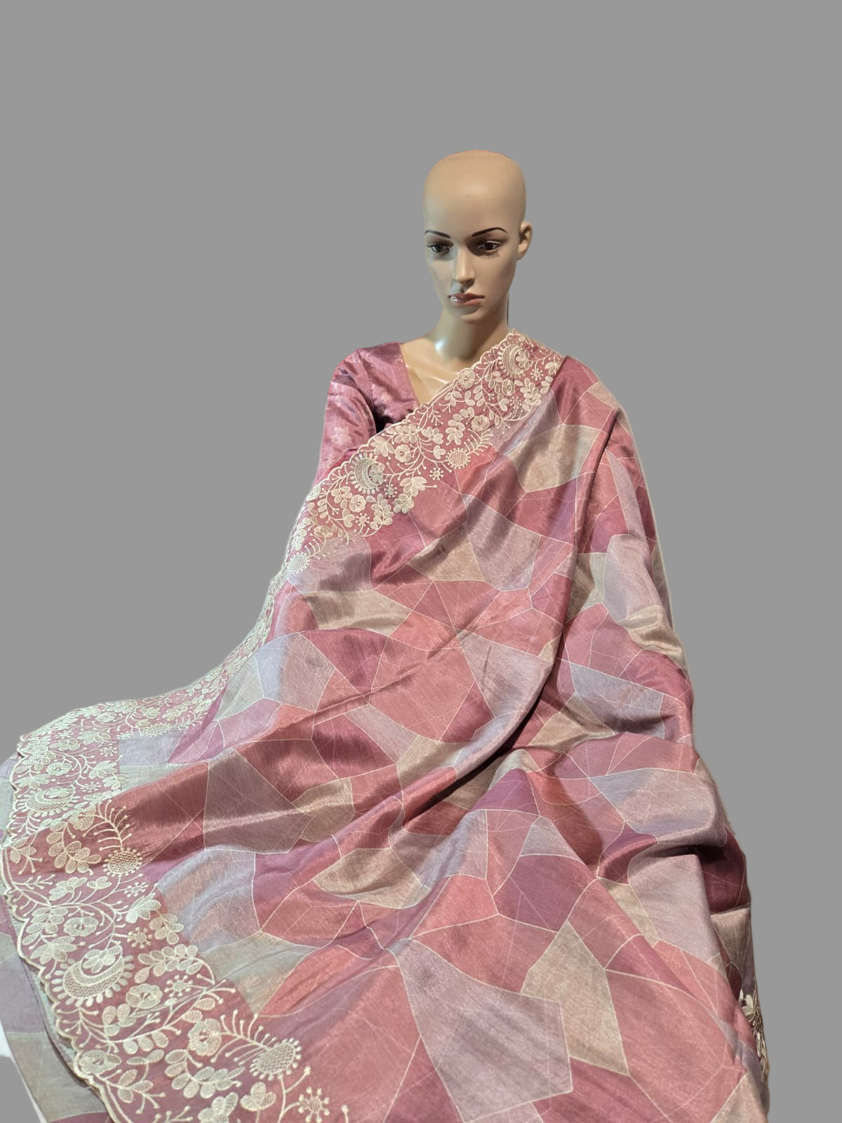 Pastel Peach Semi Tussar Silk Saree with Stitched Blouse Chikankari Embroidered Border – Elegant Ethnic Indian Saree