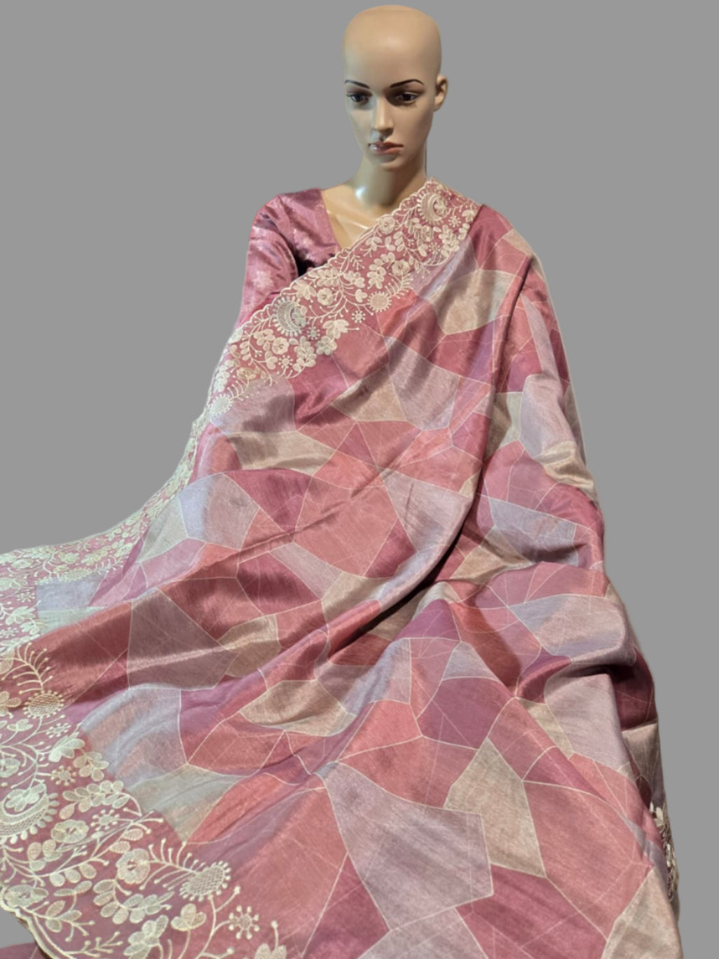 Pastel Peach Semi Tussar Silk Saree with Stitched Blouse Chikankari Embroidered Border – Elegant Ethnic Indian Saree