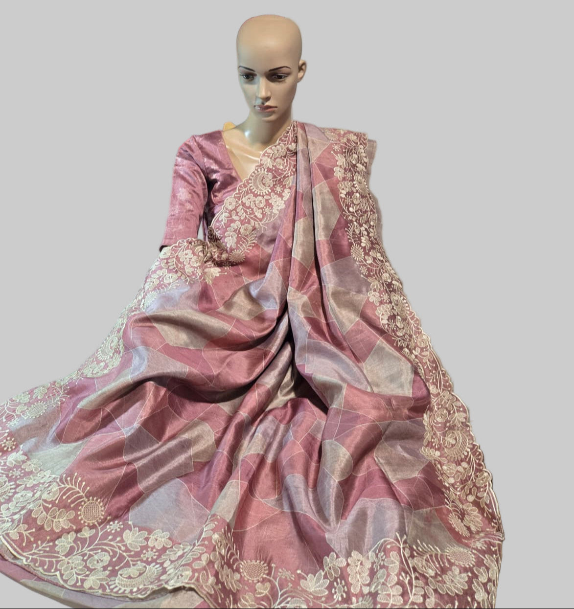Pastel Peach Semi Tussar Silk Saree with Stitched Blouse Chikankari Embroidered Border – Elegant Ethnic Indian Saree