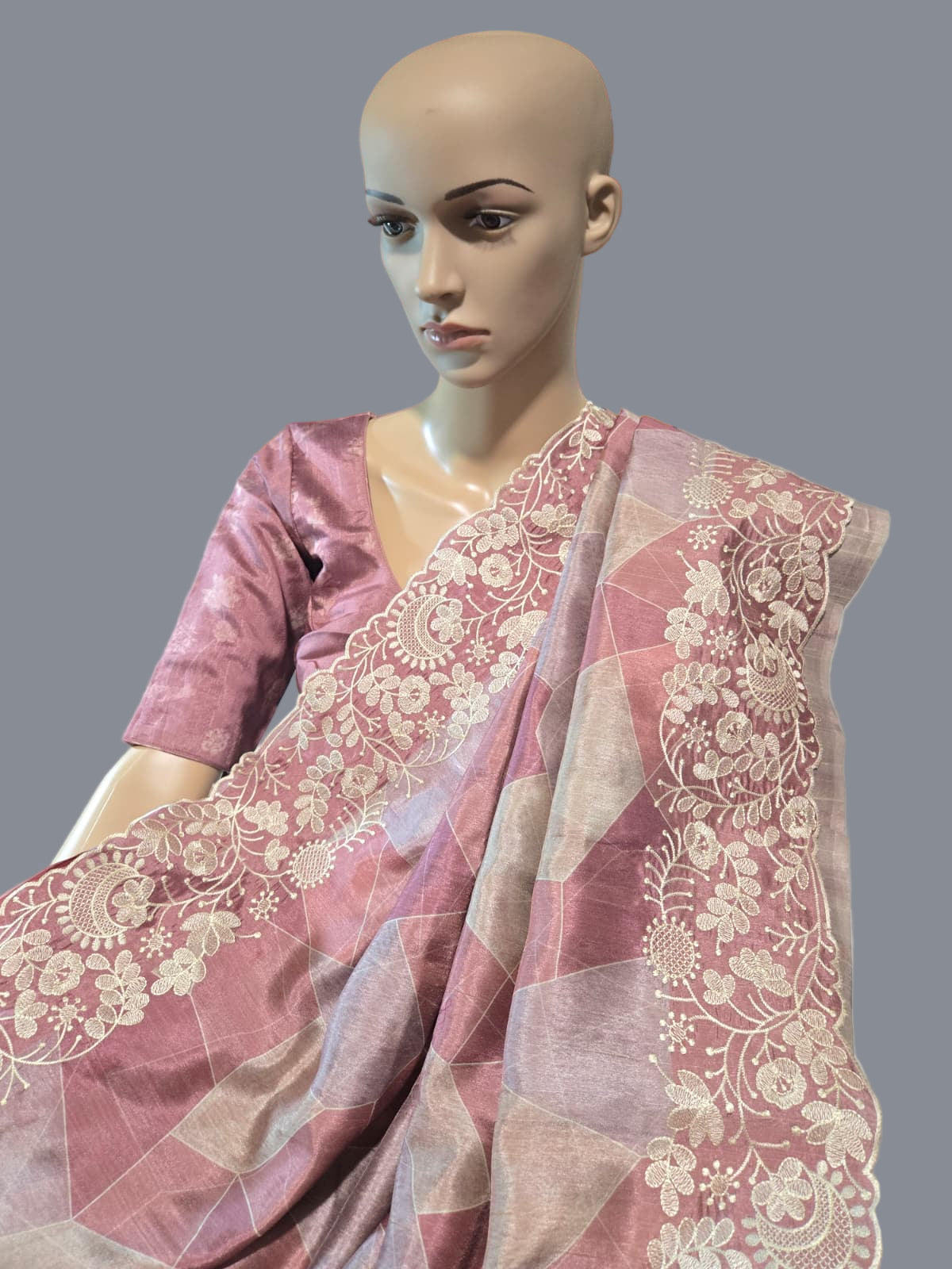 Pastel Peach Semi Tussar Silk Saree with Stitched Blouse Chikankari Embroidered Border – Elegant Ethnic Indian Saree