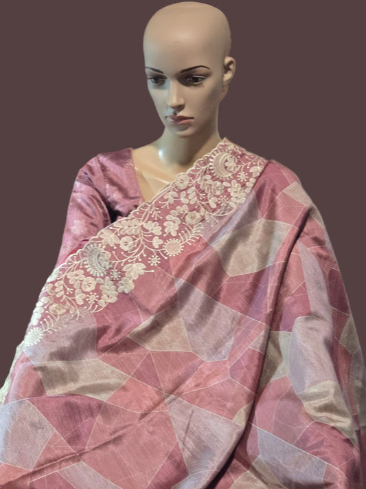 Pastel Peach Semi Tussar Silk Saree with Stitched Blouse Chikankari Embroidered Border – Elegant Ethnic Indian Saree