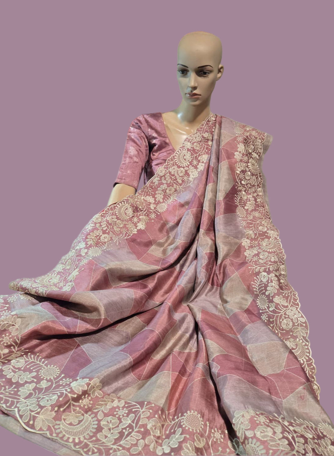 Pastel Peach Semi Tussar Silk Saree with Stitched Blouse Chikankari Embroidered Border – Elegant Ethnic Indian Saree