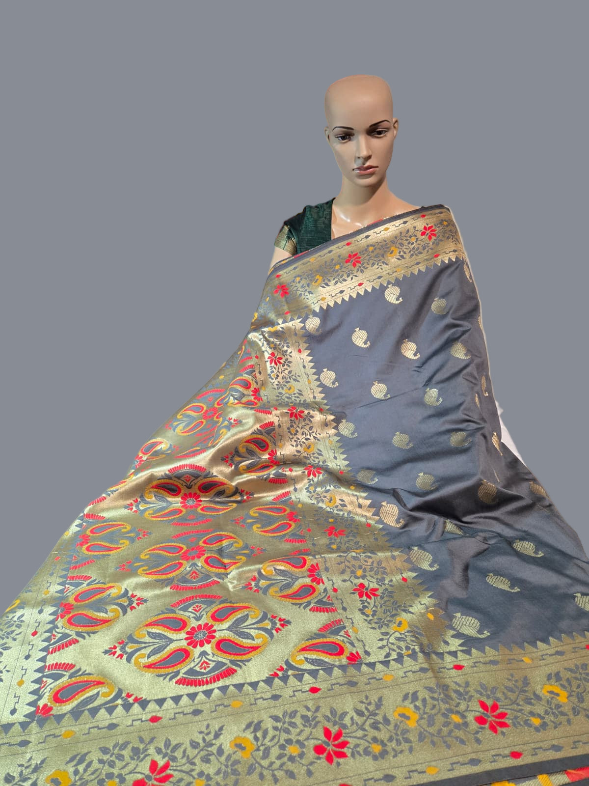 Buy Banaras Soft Katan Silk Saree with Resham Paithani Work – USA Store– Wedding, Party Wear, Engagements, Festive Events Saree Grey