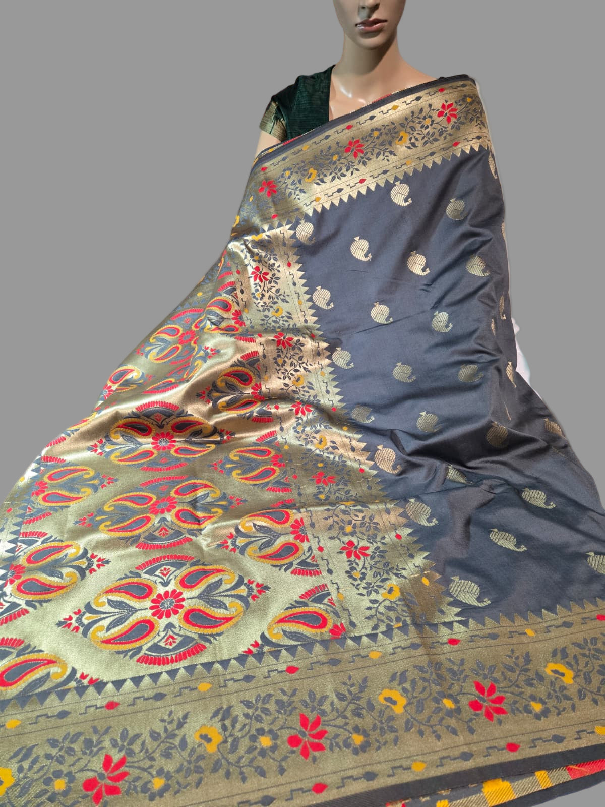 Buy Banaras Soft Katan Silk Saree with Resham Paithani Work – USA Store– Wedding, Party Wear, Engagements, Festive Events Saree Grey